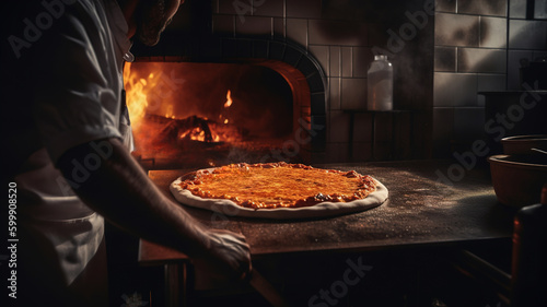 Experienced Chef Baking Delicious Italian Pizza in Wood-Fired Oven. Traditional Pizza Preparation in Kitchen by Skilled Chef. Man Cooking Pizza in Restaurant Stone Oven. Generative AI