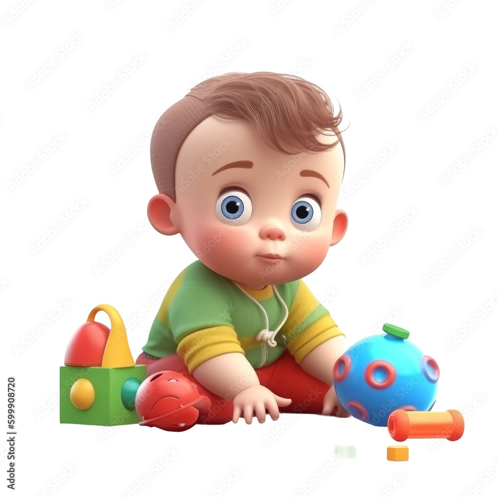 Cute cartoon style baby boy play with toys. Transparent isolated background. AI generated Cute cartoon style baby boy play with toys. Transparent isolated background. AI generated