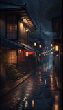 Traditional Japanese Town at Night, Classic, Retro, After the Rain, Illustration, Generative AI