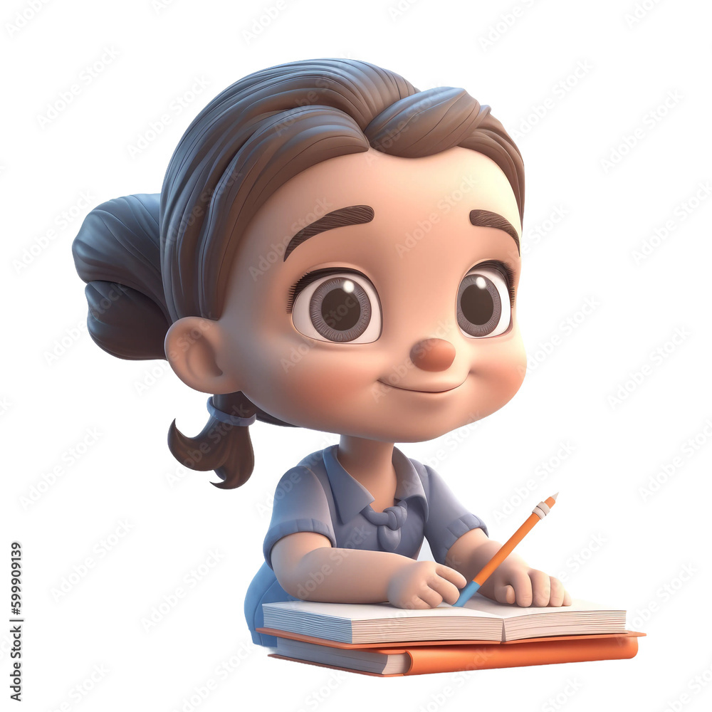 Cute cartoon style baby girl in classroom. Transparent isolated background. AI generated