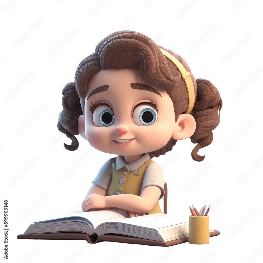 Cute cartoon style baby girl in classroom. Transparent isolated background. AI generated