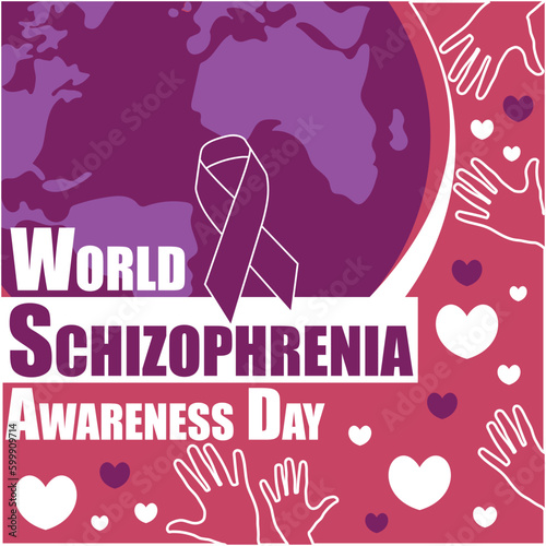 World schizophrenia awareness Day vector banner design with planet earth  illustration, stroke line hand pattern, heart shapes, ribbon icon and typography. Schizophrenia awareness Day modern poster.