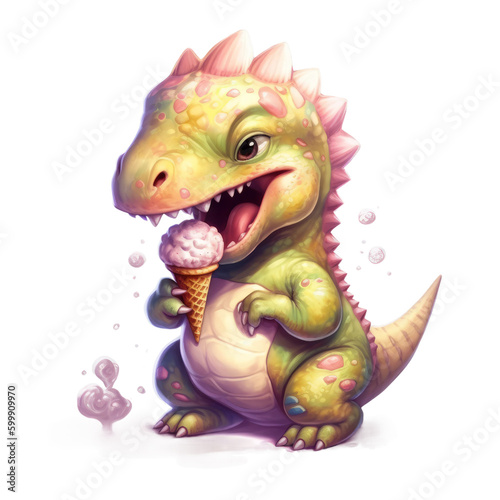 Cute Dino eating ice cream. Transparent isolated background. AI generated