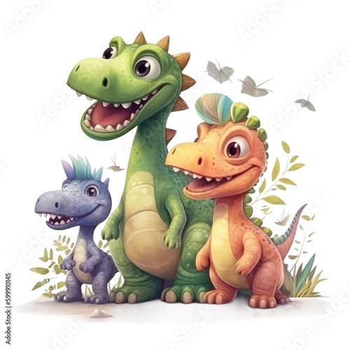 Cute Dino play with friends. Transparent isolated background. AI generated