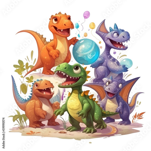 Cute Dino play with friends. Transparent isolated background. AI generated