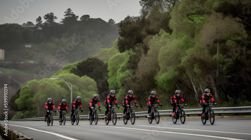 A Group of Cyclists Riding in Tandem with Their Matching Jerseys, generative AI