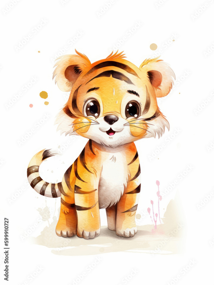 Watercolor Cute Tiger Cartoon Nursery Illustration Isolated on White Background. Colorful Digital Animal Art for Kids Watercolor Cute Tiger Cartoon Nursery Illustration Isolated on White Background. Colorful Digital Animal Art for Kids