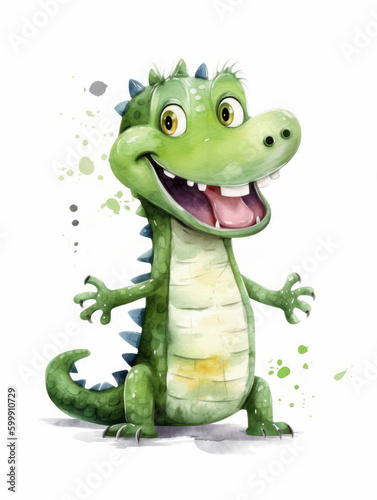 Watercolor Cute Crocodile Cartoon Nursery Illustration Isolated on White Background. Colorful Digital Animal Art for Kids