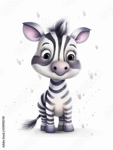 Watercolor Cute Zebra Cartoon Nursery Illustration Isolated on White Background. Colorful Digital Animal Art for Kids
