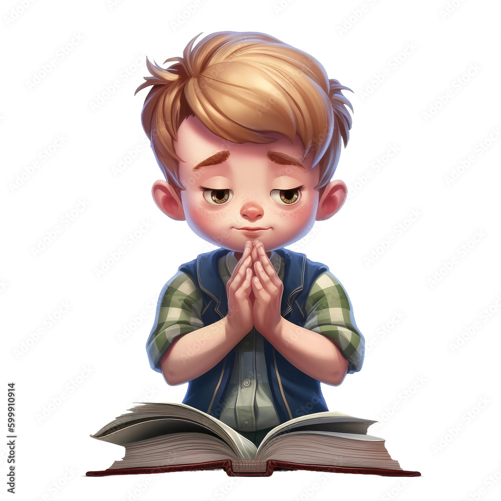 Cute kids boy pray. Transparent isolated background. AI generated