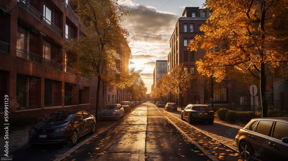 A beautiful photo of the street at sunset. Generative AI