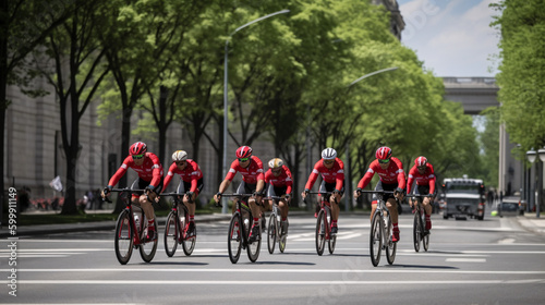 A Group of Cyclists Riding in Tandem with Their Matching Jerseys, generative AI © Stockerl
