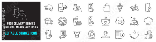 Food delivery service editable stroke icons set. drone, robot delivery, smartphone app food delivery, Ordering Meals, Set of food delivery service vector icons isolated on white background