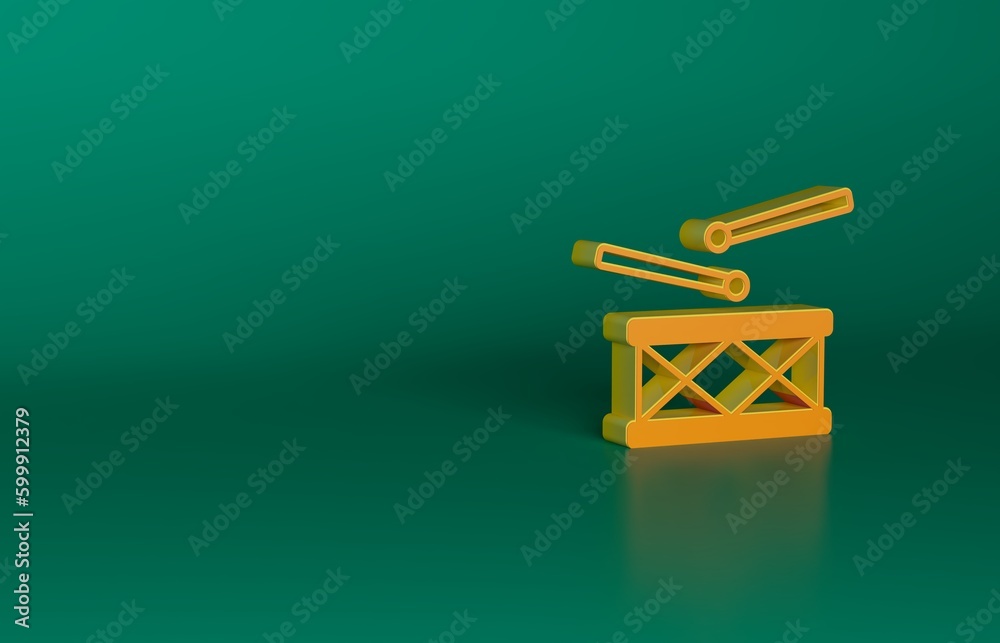 Orange Drum with drum sticks icon isolated on green background. Music sign. Musical instrument symbol. Minimalism concept. 3D render illustration Orange Drum with drum sticks icon isolated on green background. Music sign. Musical instrument symbol. Minimalism concept. 3D render illustration