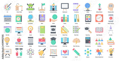 School Flat Iconset Education Graduation Learning Color Icon Bundle in Black