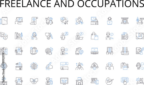 Freelance and occupations line icons collection. Adventure, Camping, Hiking, Beach, Skiing, Golfing, Scuba diving vector and linear illustration. Trekking,Fishing,Relaxation outline signs set