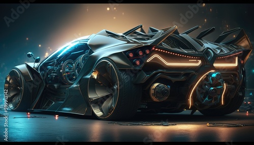 Car with futuristic design  sleek black bodywork with neon orange accents Generative AI