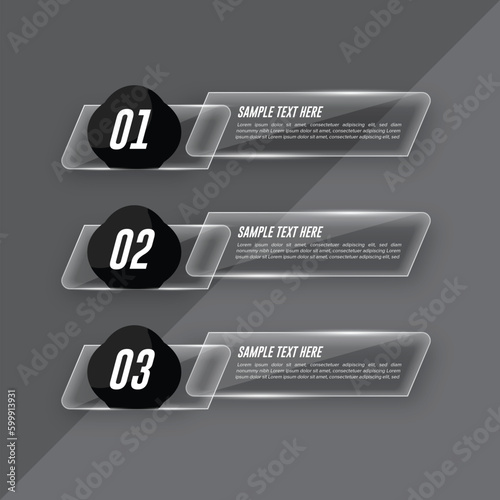 Set of glossy vector banners with shiny lights over black pattern background for business design, infographics, reports, number options, step presentation or workflow layout. Clean and modern style