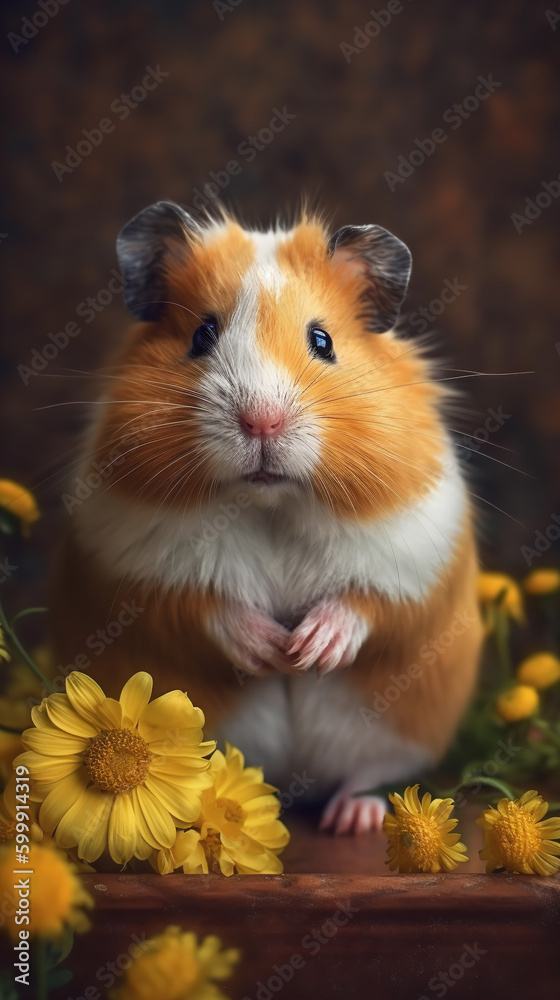 Hamster and daysies spring realistic Generative AI Hamster and daysies spring realistic Generative AI