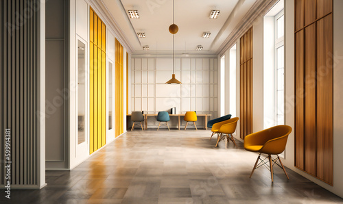 office cubicle with wooden flooring and chairs in a hallway