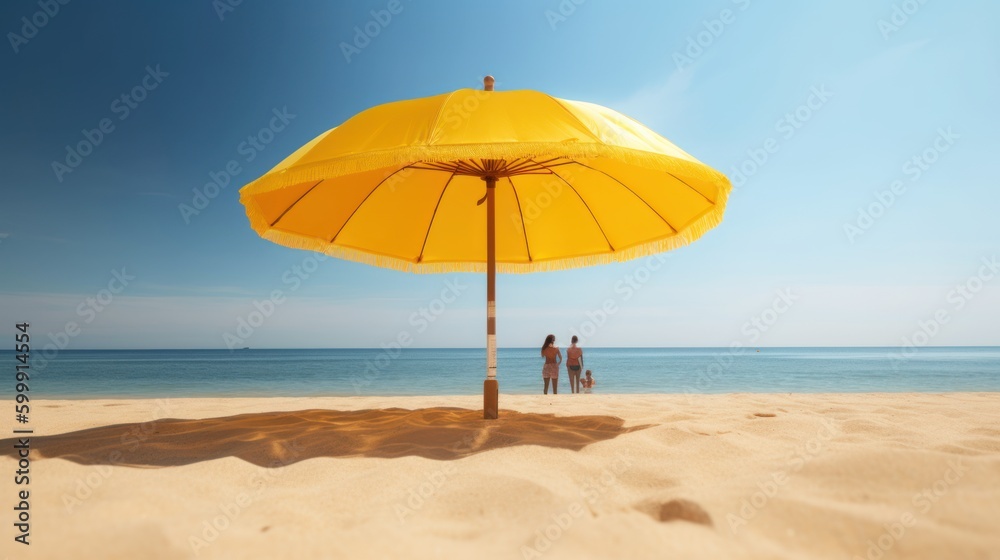 umbrella in the sand on the beach in summer with couple walking, generative ai
