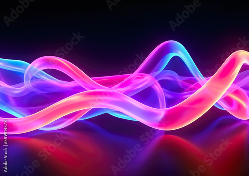 Futuristic abstract blue and purple neon waves light shapes on dark background. Laser show night club interior lighting, glowing line background or wallpaper. AI generated illustration.