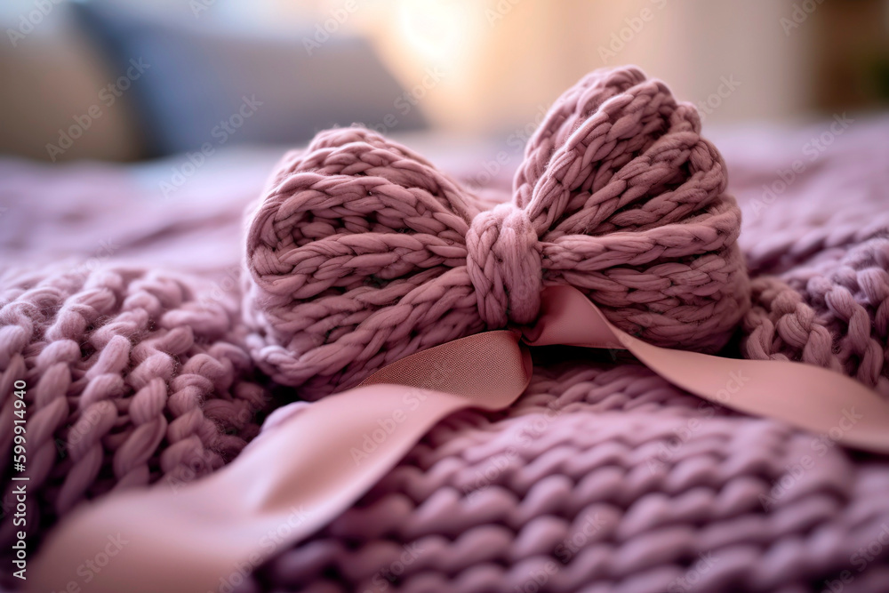 Handmade knitted blanket folded neatly and adorned with a delicate ribbon and bow.