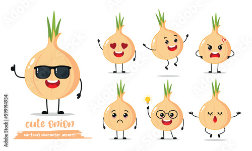 cute onion cartoon with many expressions. vegetable different activity vector illustration flat design.