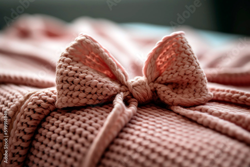 Handmade knitted blanket folded neatly and adorned with a delicate ribbon and bow.