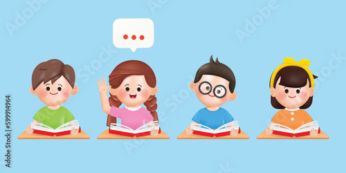 3d cartoon happy children study in classroom. 3d vector cartoon people design. Girl Answer the question with book.
