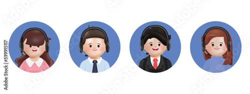 Fototapeta Naklejka Na Ścianę i Meble -  Call center agents avatars collection set. Call center, customer support, telemarketing agents. 3D render style icons set.