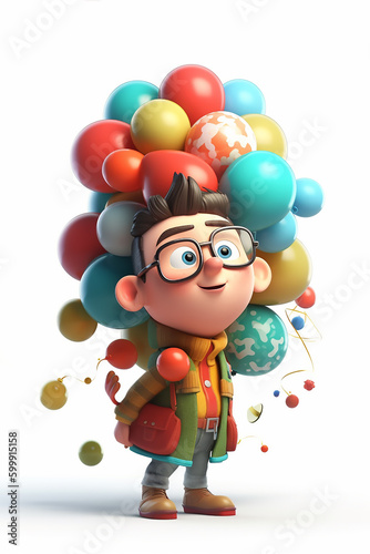  Animated young explorer with a bunch of vibrant balloons and a world globe, showcasing the joy of adventures and travel. Ideal for educational and exploratory themes.
