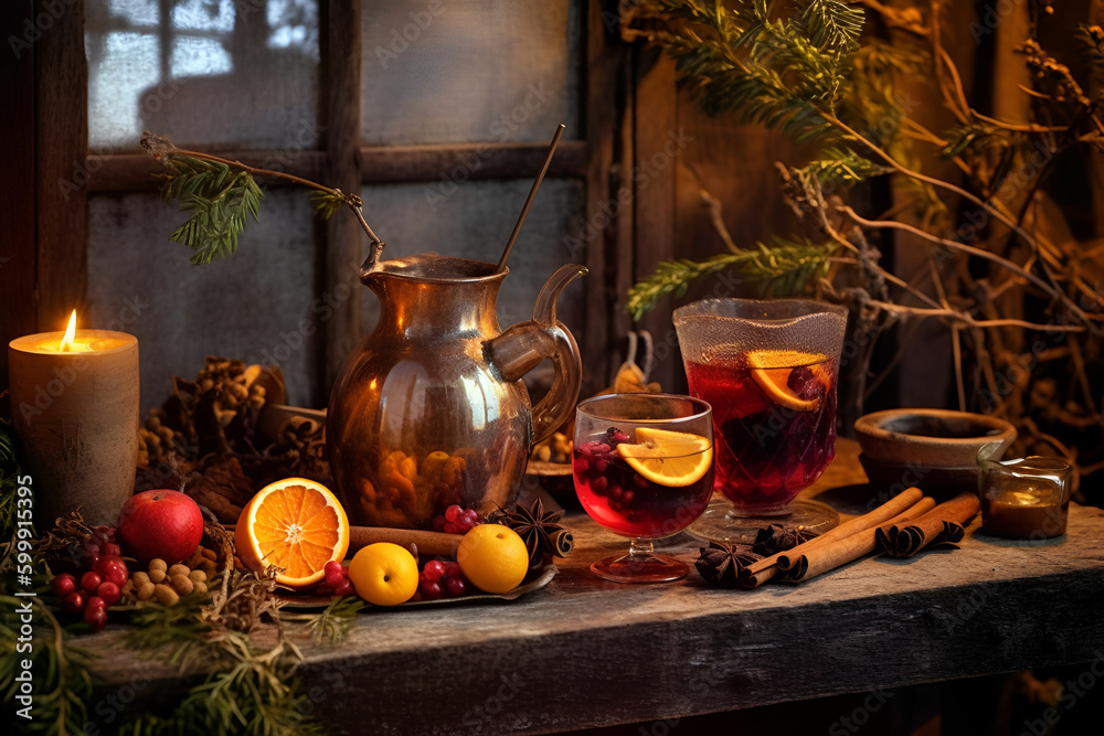 Fototapeta premium Christmas mulled wine with spices and fruits on a rustic wooden table, generative AI content.