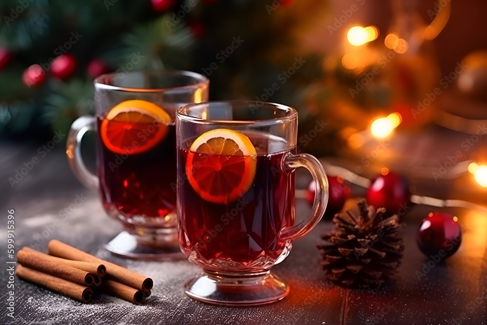 Christmas mulled wine with spices and fruits on a rustic wooden table, generative AI content. Christmas mulled wine with spices and fruits on a rustic wooden table, generative AI content.