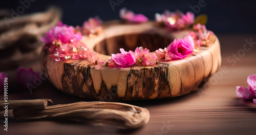 flower wreath with wooden slab on a neutral background