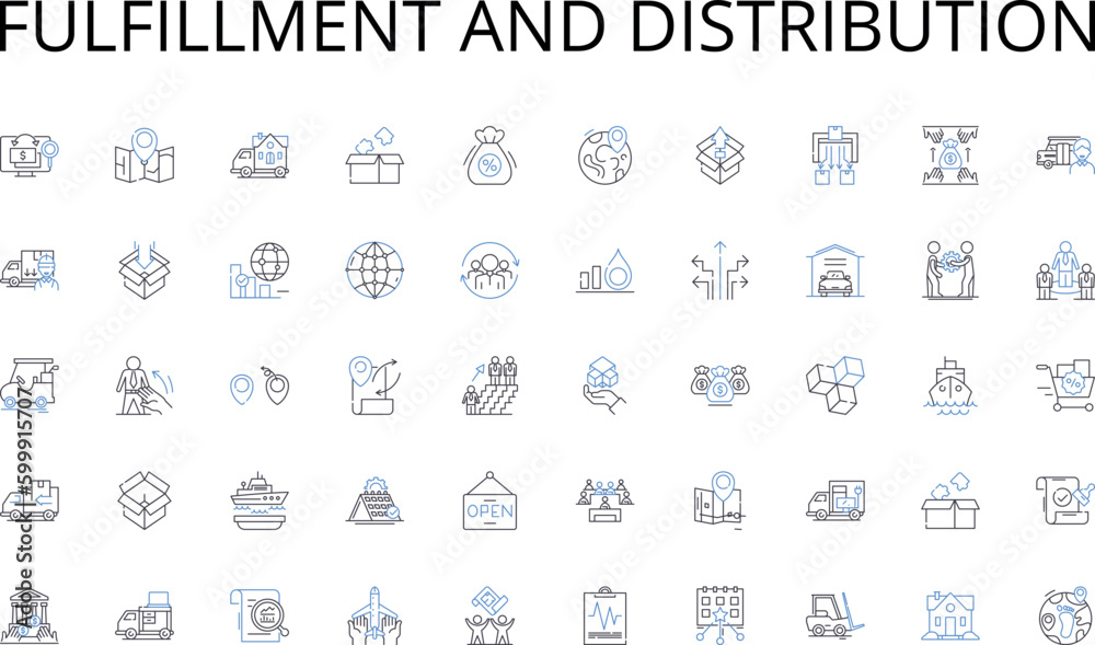 Fulfillment and Distribution line icons collection. Thrills, Expeditions, Escapades, Quests, Adrenaline, Explorations, Expeditions vector and linear illustration. Treks,Journeys,Hikes outline signs