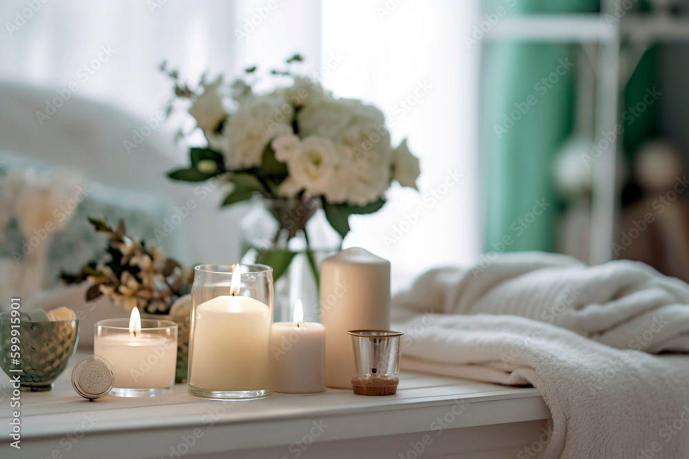Serene, tranquil spa setting, including aromatic candles, essential oils, and a soft, plush bathrobe. Serene, tranquil spa setting, including aromatic candles, essential oils, and a soft, plush bathrobe.