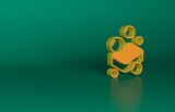 Orange Bar of soap icon isolated on green background. Soap bar with bubbles. Minimalism concept. 3D render illustration