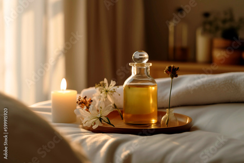 Serene, tranquil spa setting, including aromatic candles, essential oils, and a soft, plush bathrobe.