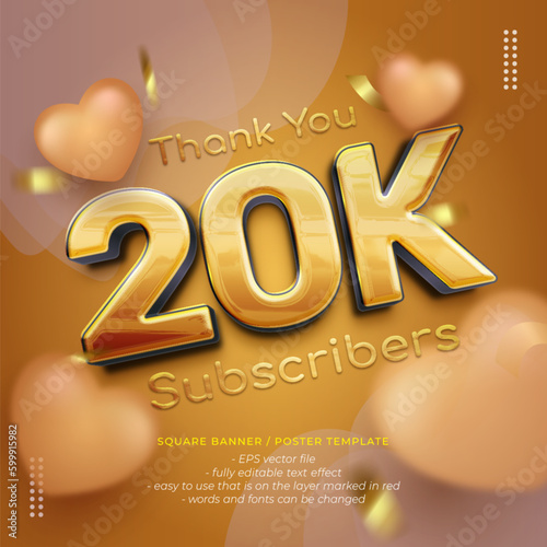 Vector gold square celebration banner for 20k followers with design poster or instagram posts