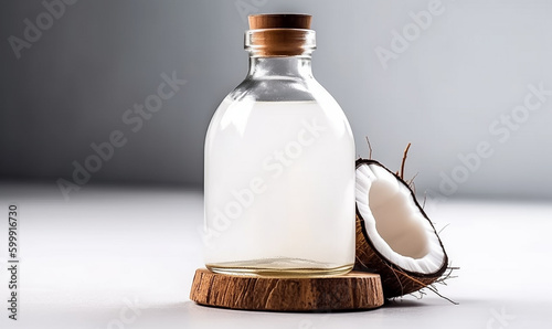 Close up coconut oil bottle on white counter, with extra virgin fresh coconut ,organic essential drop extract from natural composition with copy space on white background, Generative AI