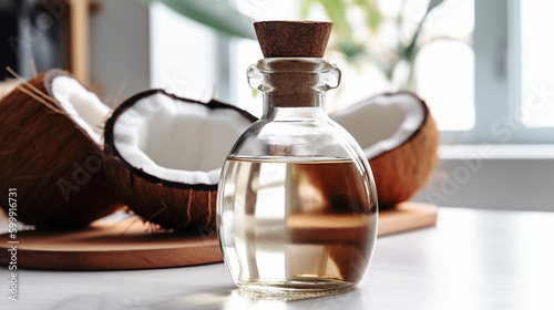 Close up coconut oil bottle on white counter, with extra virgin fresh coconut ,organic essential drop extract from natural composition with copy space on white background, Generative AI
