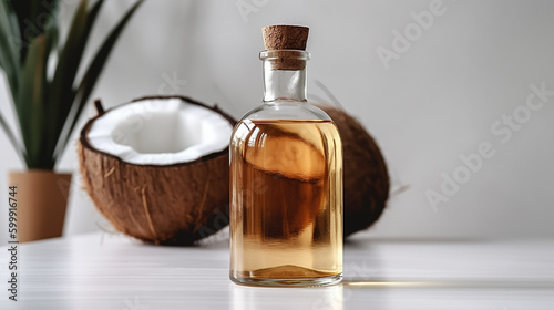 Close up coconut oil bottle on white counter, with extra virgin fresh coconut ,organic essential drop extract from natural composition with copy space on white background, Generative AI