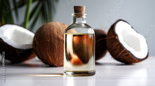 Close up coconut oil bottle on white counter, with extra virgin fresh coconut ,organic essential drop extract from natural composition with copy space on white background, Generative AI
