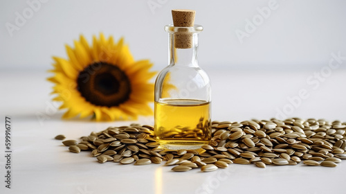 Close up sunflower oil bottle on white counter, with sun flower seeds ,organic essential drop extract from natural composition with copy space on white background, Generative AI