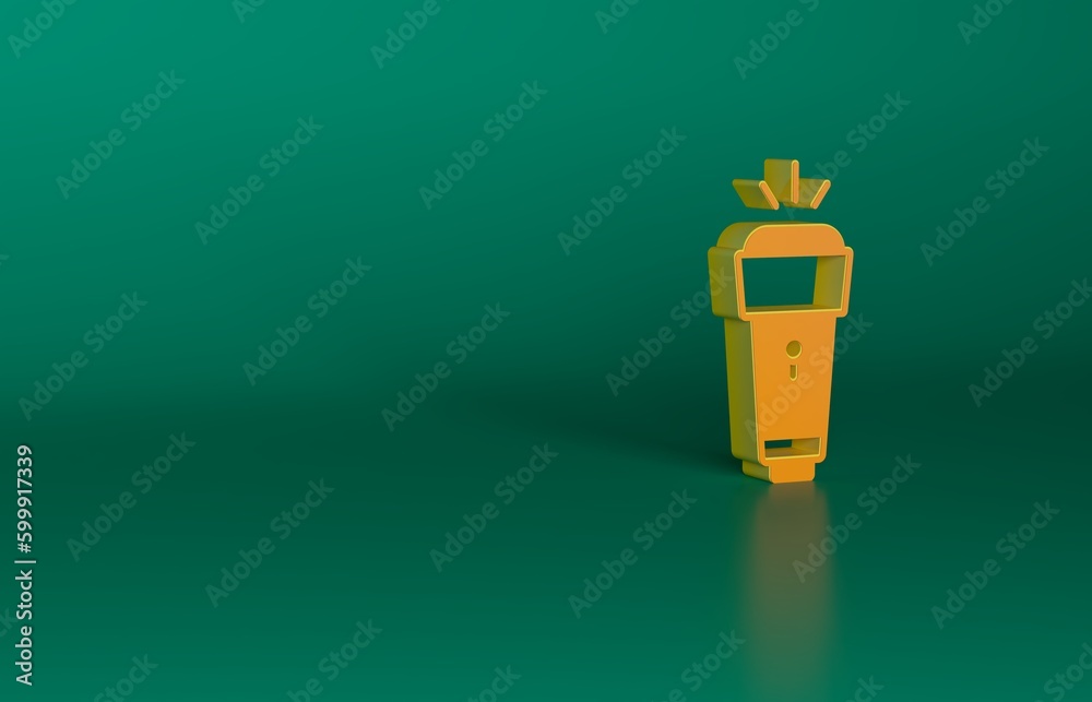 Orange Flashlight icon isolated on green background. Minimalism concept. 3D render illustration Orange Flashlight icon isolated on green background. Minimalism concept. 3D render illustration