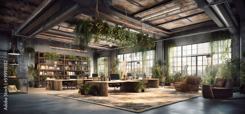 an open office space and a room with furniture and plants