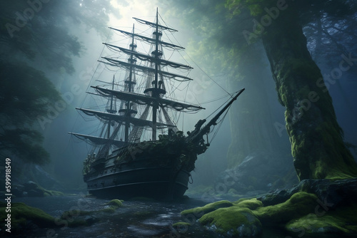 Mysterious Old Ship Sailing Through Wild Jungle Waters