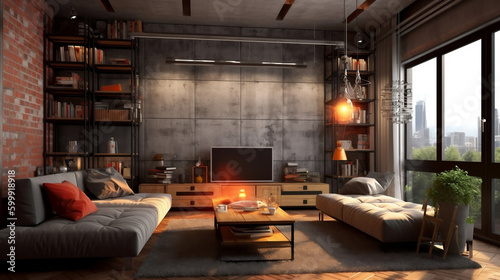 Industrial-style living room with raw materials like concrete. © Visual Prompter