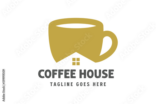 Simple Minimalist Coffee Cup with House for Cafe Bar Restaurant Logo Design